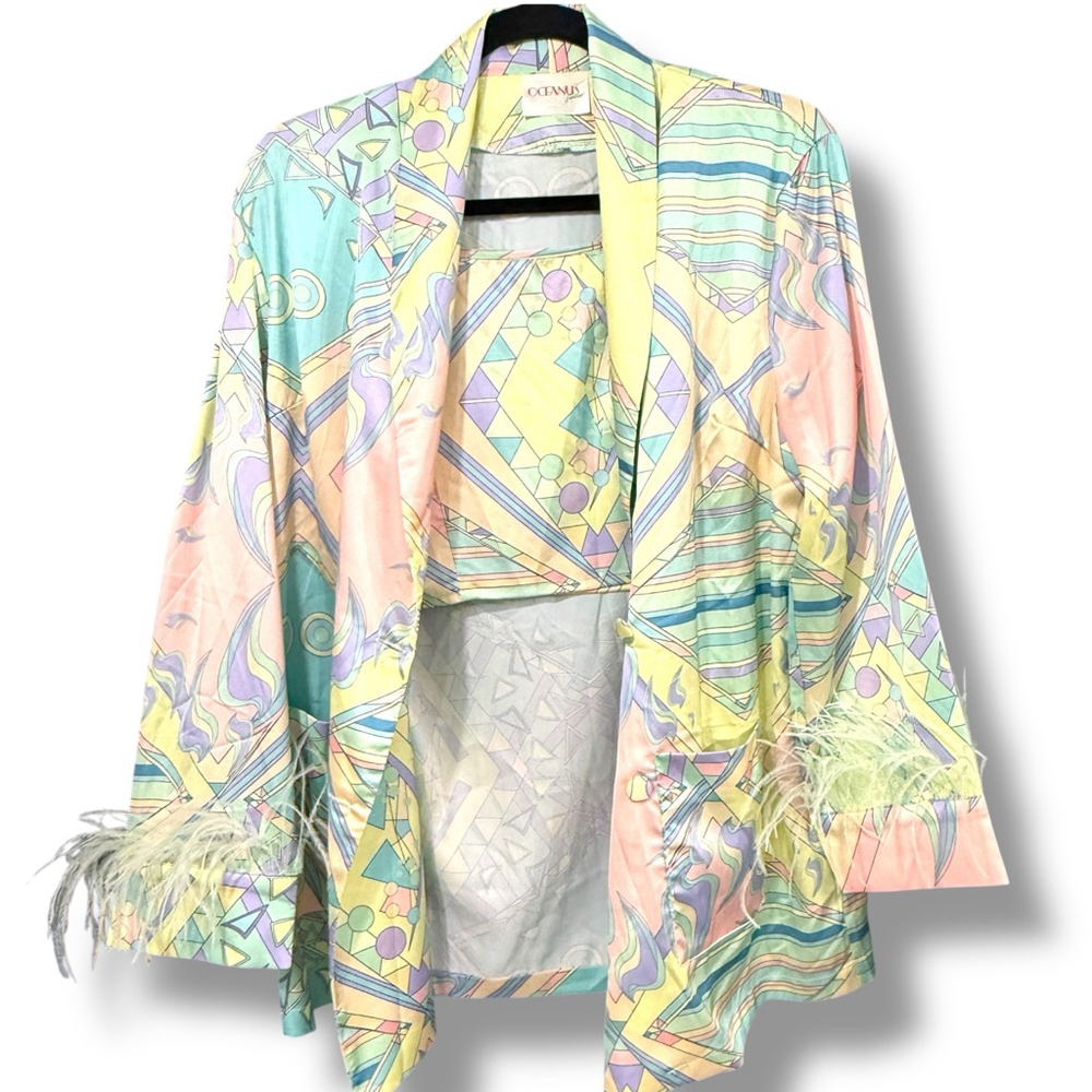 Oceanus Swimwear Frida Feather Trim Blazer Crop Top Medium